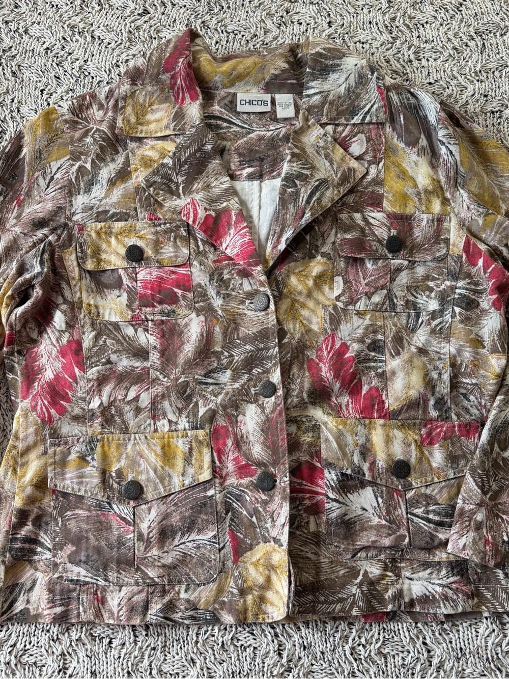 Chico's Multicolor Leaf-Print Jean Jacket — Brown, Red & Yellow - Picture 14 of 16